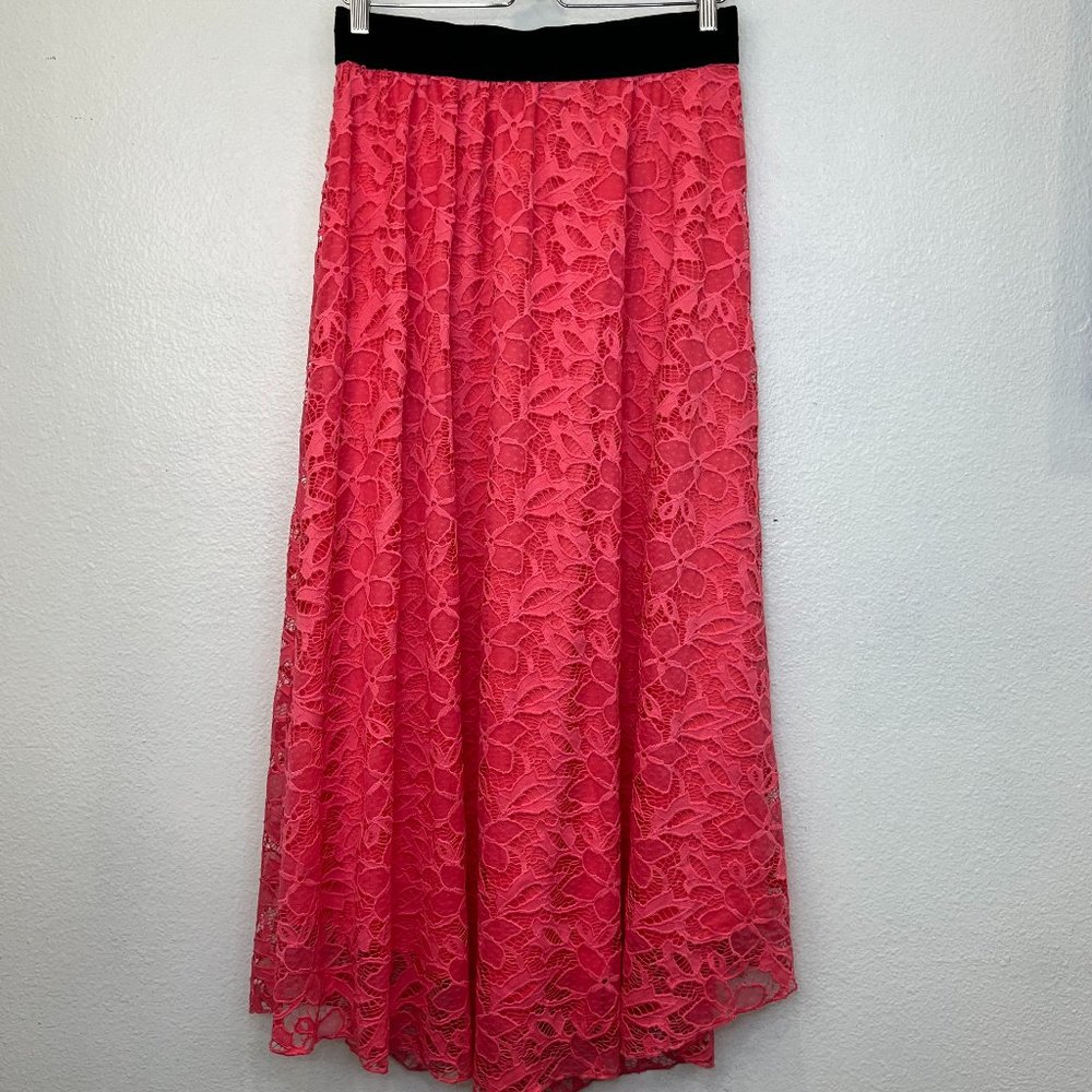 LULAROE LUCY Skirt Long Modest Coral Black Floral Lace Underlay‎ Women Sz M